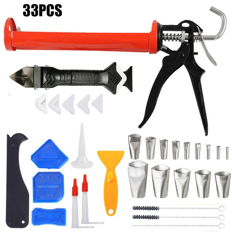 33-piece manual caulking gun with multifunctional grouting scraper and caulking nozzle sealant trimming tool