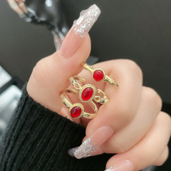 新中式復古竹節紅石開口戒指女小眾簡約時尚ins冷淡風高級感指環