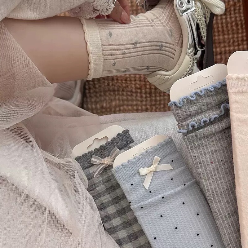 蝴蝶结miu系袜子女中筒袜春夏季薄款芭蕾风灰蓝色甜美百搭堆堆袜|undefined