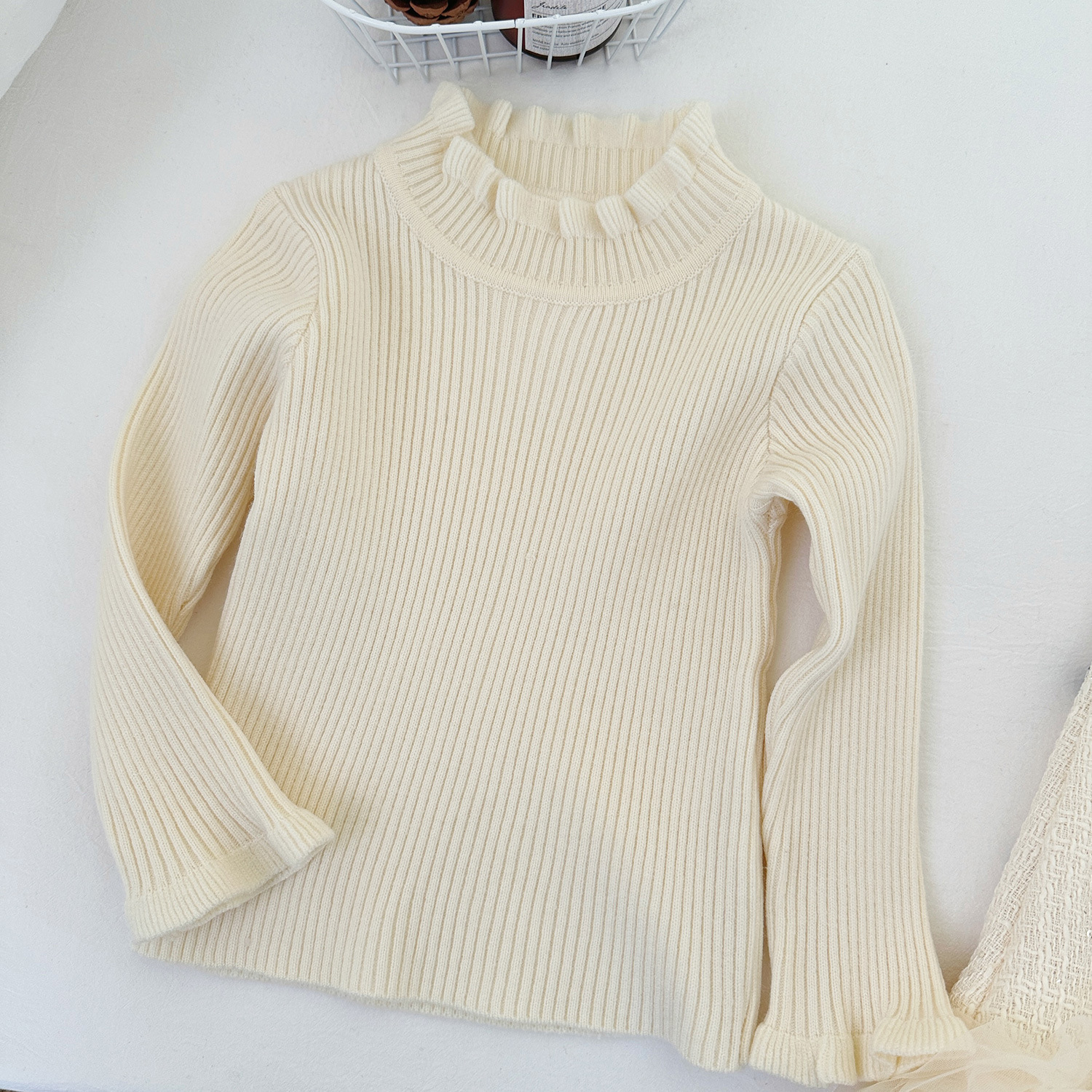 Girls' Ruffled Ribbed Knit Sweater 2025 Autumn/Winter New Korean Style Versatile Half-High Collar Children's Sweater