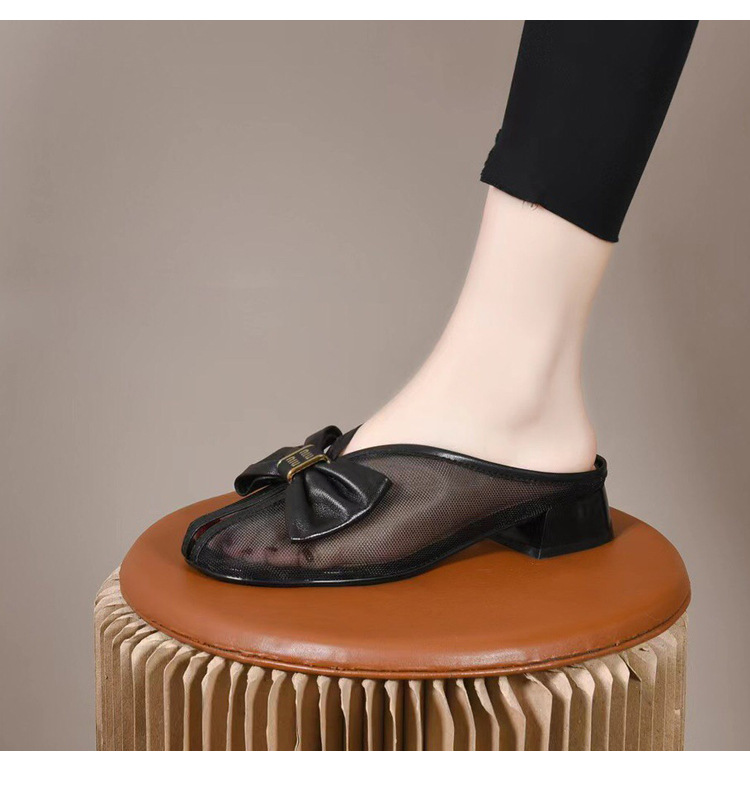 Dép sandal nữ bít mũi lưới da thật đế bệt phong cách tiên nữ — Màu đen chi tiết 5