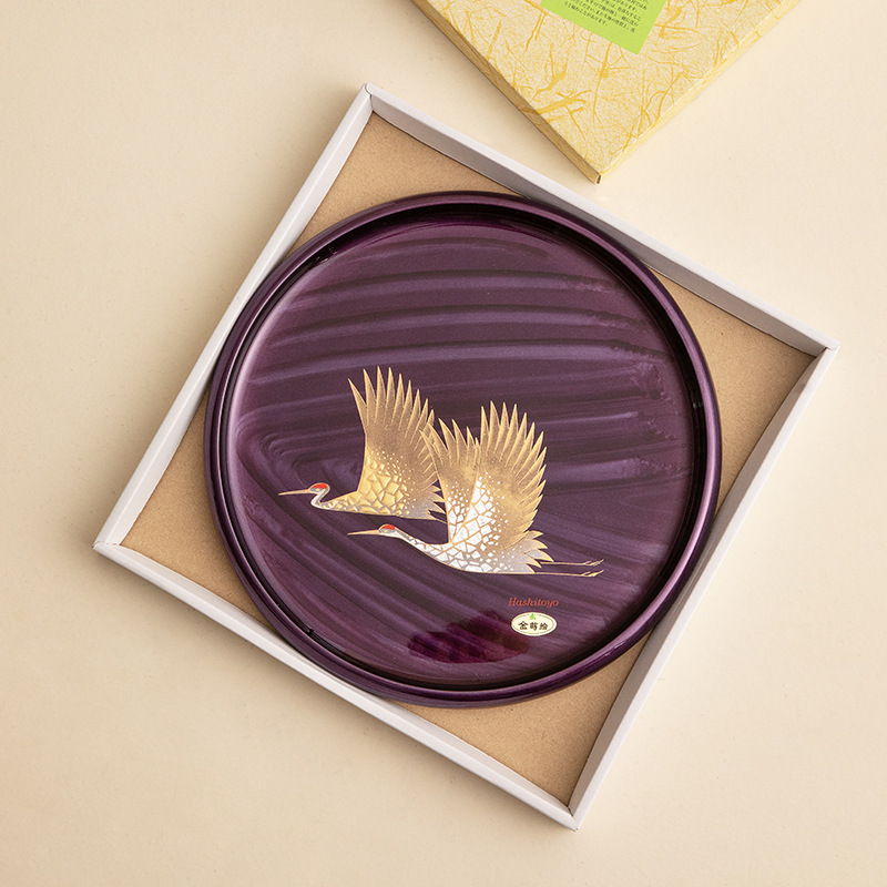 日本进口山家漆器紫云雅鹤高档漆盘日式家用仙鹤茶盘轻奢复古托盘