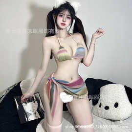 渐变晕染印花比基尼套装纯欲风情趣内衣夏季性感裸背三点一件代发