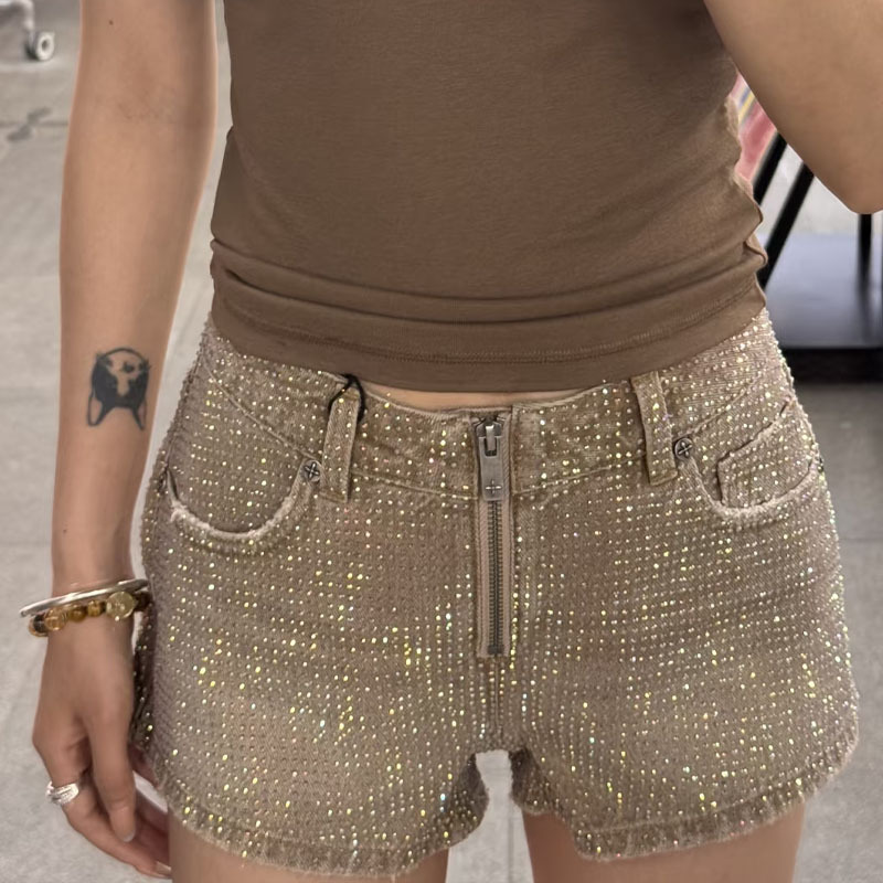 Smfk Wilderness Diamond Low-Waist Denim Shorts Handmade Heavy Embellishment with Colorful Diamonds Straight-Leg New Casual High-Waist Hip-Hugging Hot Pants