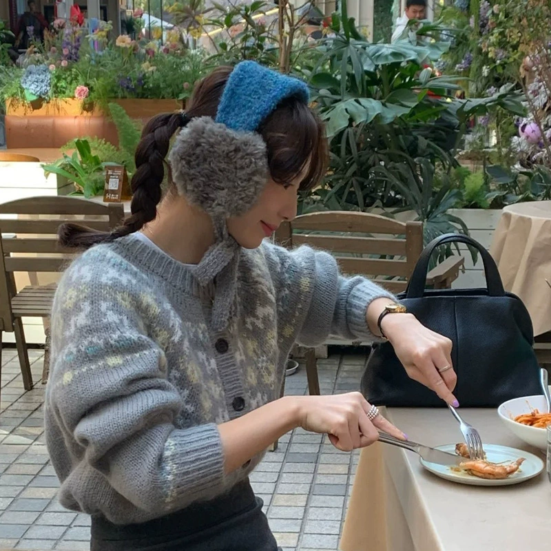 Синие плюшевые наушники теплые зимние девушки новые вязаные ушные покрытия милые шнуровки