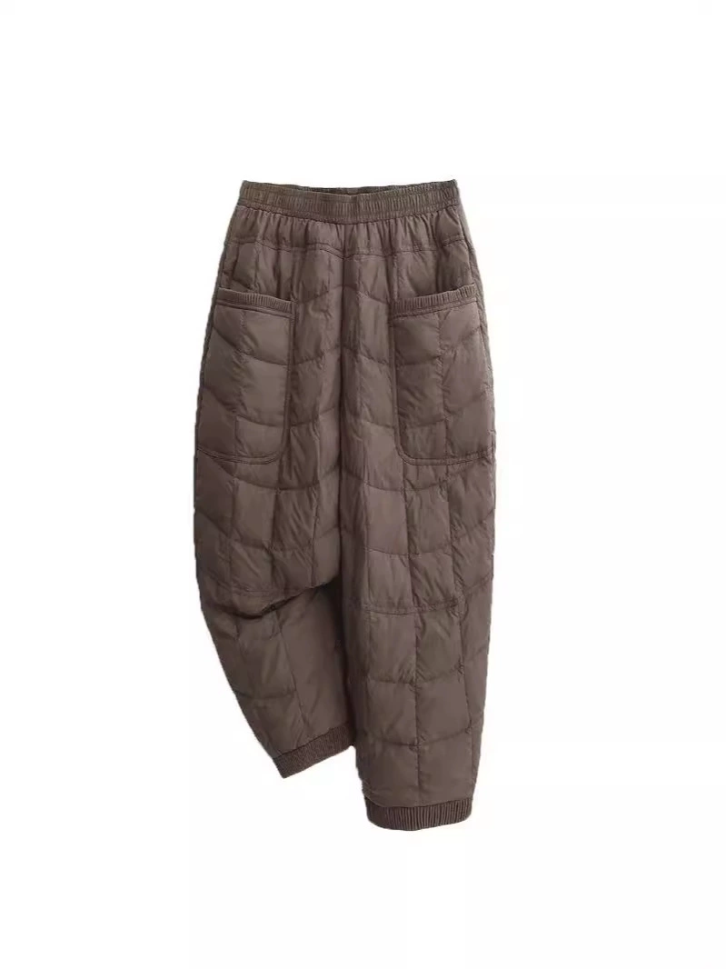 Demi-season down-filled lounge pants, loose-fit with elastic waist, plus-size in Coffee/Black/Khaki