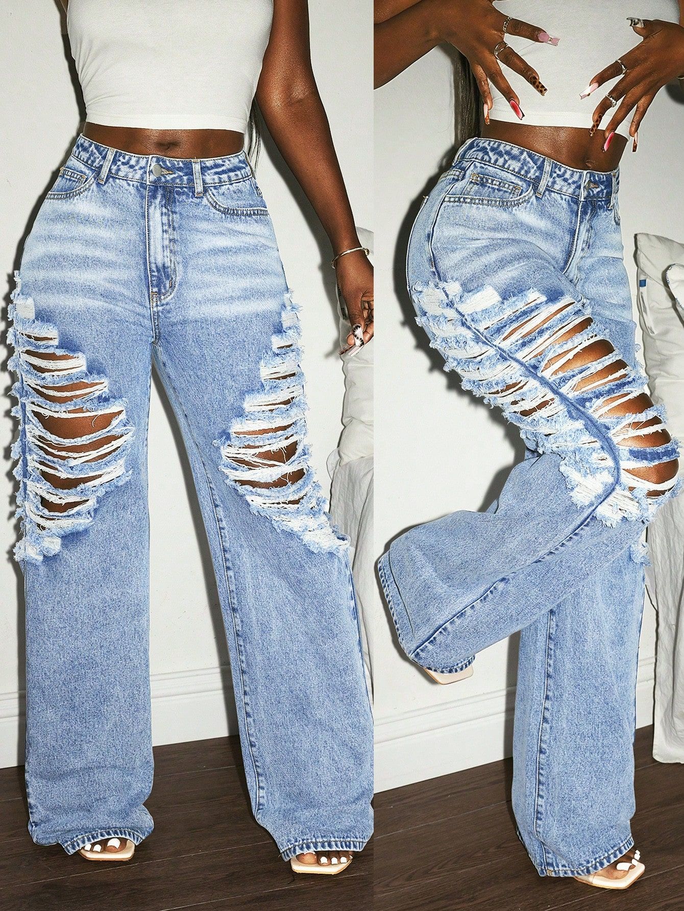 High Waisted Ripped Wide Leg Jeans Style Light Blue Washed Distressed Floor Length Trousers For Women_ecoleips.com