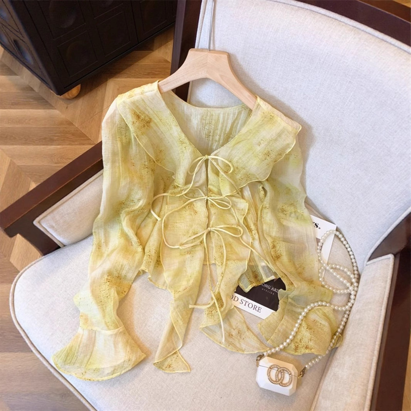 Sweet and Age-Reducing V Neck Bell-Sleeved Chiffon Shirt for Spring and Summer, High-End, Super Fairy, Asymmetrical Straps, Thin Outer Cardigan