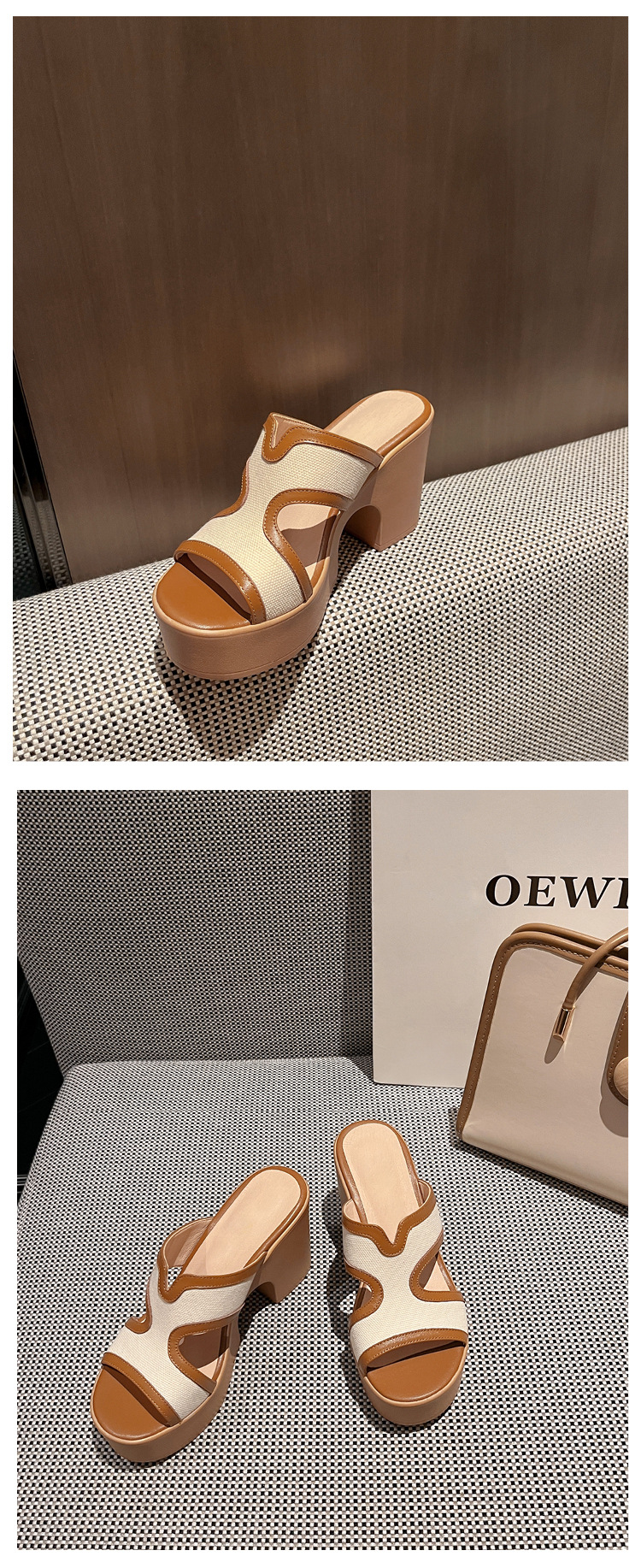 Dép sandal nữ quai chữ V da bò cao cấp đế xuồng dày, gót thô hở mũi, mùa hè — màu kaki chi tiết 17