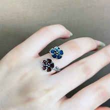 s925银珐琅彩复古中国风工艺手工时尚烧红蓝双小花戒指