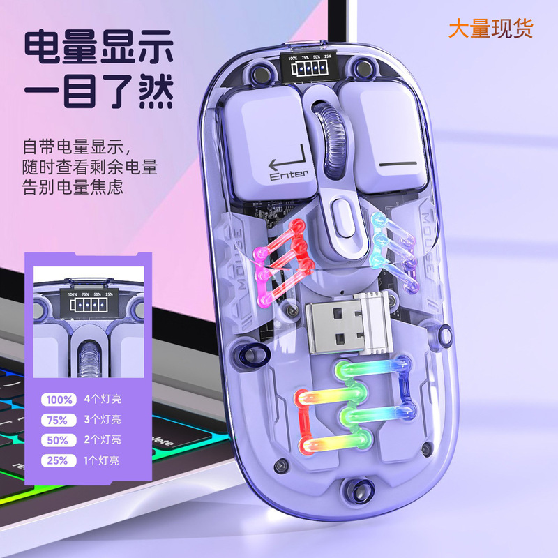 Explosive transparent dual-mode wireless mouse Bluetooth with power display type-c charging magnetic cover RGB mute