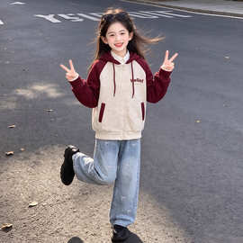 2026春秋女童学院风撞色字母拉链外套个性牛仔裤时髦套装