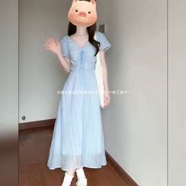 法式文艺系带蓝色泡泡袖夏季连衣裙子小个子超仙女收腰显瘦长裙子