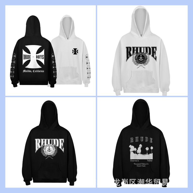 2025 New Autumn and Winter Rhude Letter Pattern Printed Hooded Loose Hip-Hop Sweatshirt for Men and Women in Autumn and Winter