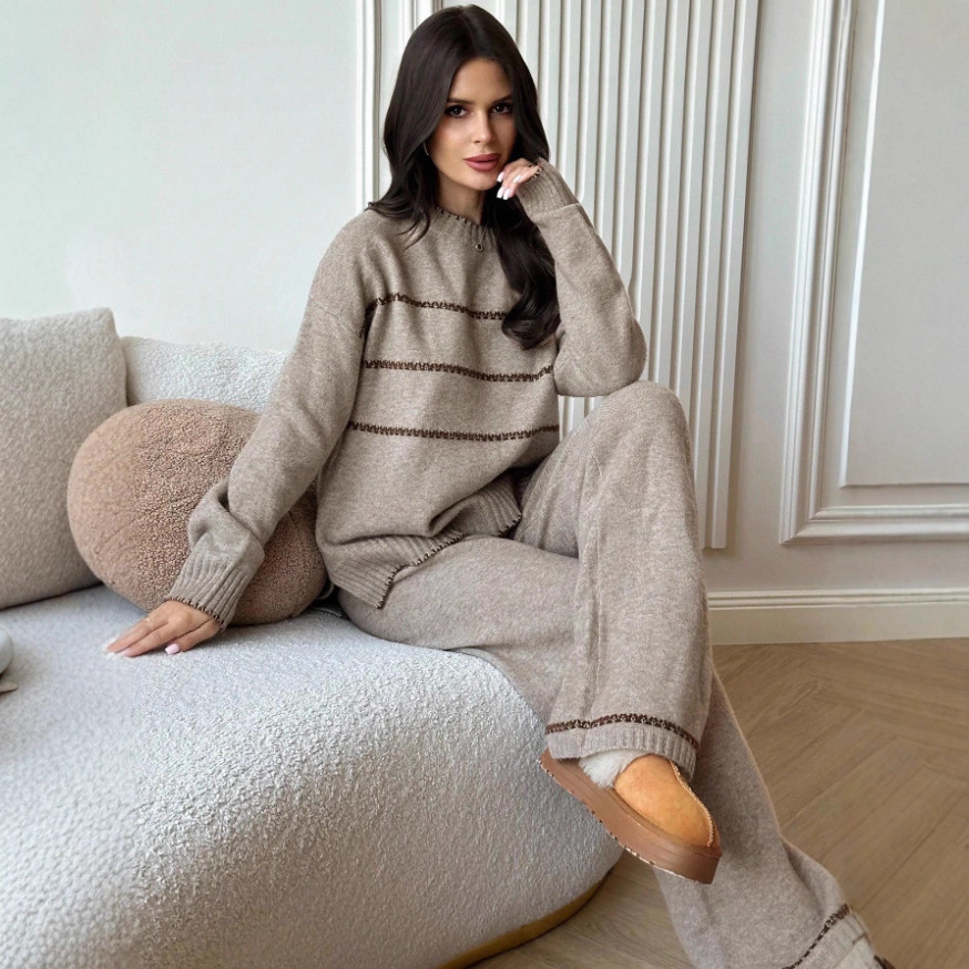Women's Clothing Casual Loose Color Blocked Knit Sweater Long Sleeved Round Neck Top And Pants Set Autumn And Winter Color Blocked Trim Set_voghion.com