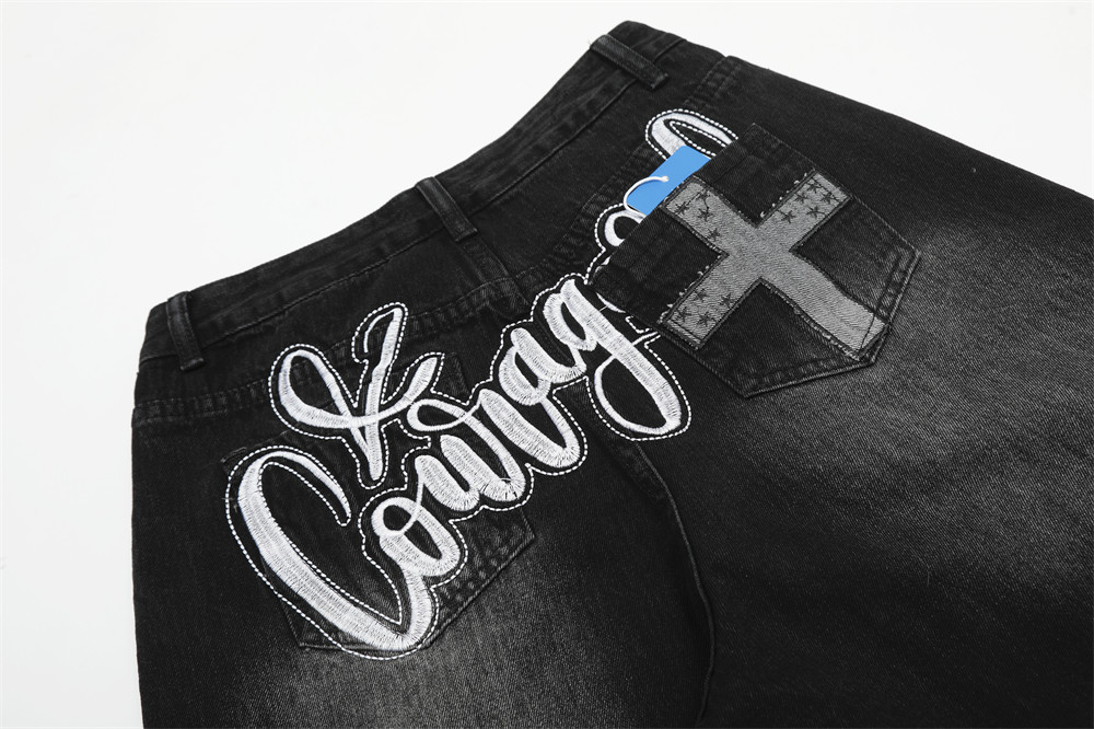 ​​Men's Loose Fit Streetwear Denim Pants With Embroidery & Dagger Charm - Hip Hop Washed Jeans For Casual Wear (Black, S-4XL)​​_viptrois.com