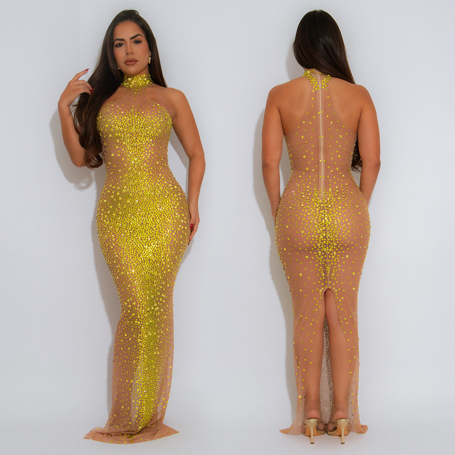C7556 Aliexpress transfronterizo Amazon Europa y América de moda femenina perspectiva sexy malla de diamante vestido de fiesta