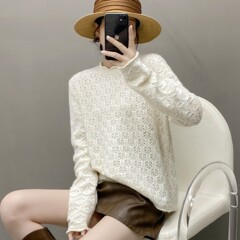 软糯白月光~欧洲站重工秋冬山羊绒女圆领毛衣宽松镂空羊毛针织衫