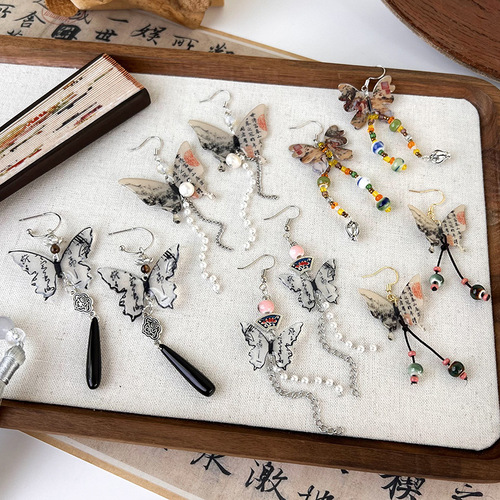New Chinese style ink painting butterfly tassel earrings, ear hooks, national trend, Chinese style earrings, gentle style earrings