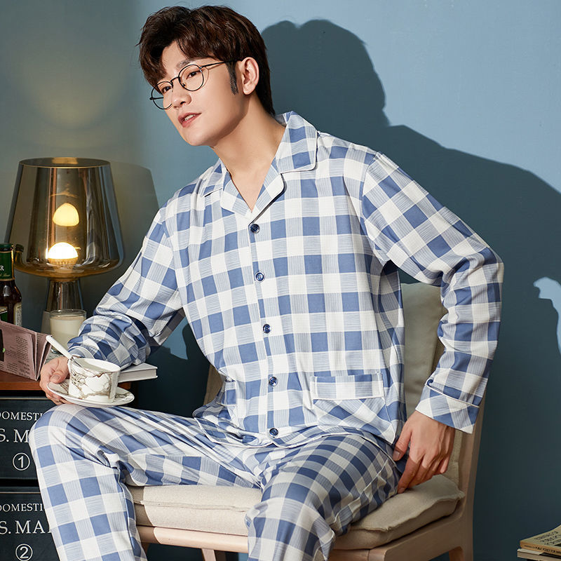 Men's Cotton Pajamas Spring and Autumn Long Sleeve Cardigan New Spring and Autumn Youth Men's Simple Home Clothes Set