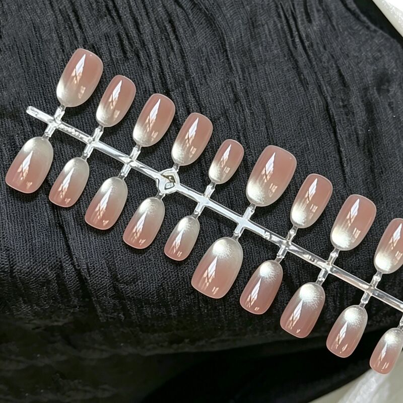 【Jiaolong】Pure Nude Blush Glass Bead Cat Eye Nail Tips, Ice-Transparent Nude Color, Versatile Wearable Nails for Students and Commuting
