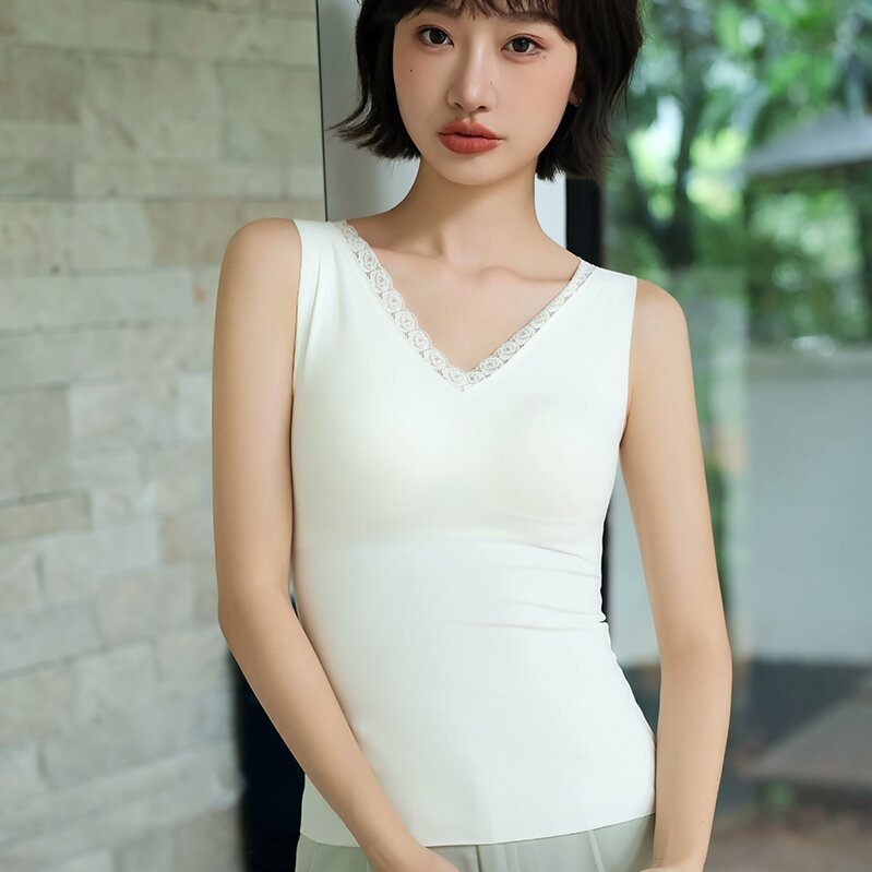 25秋冬V领加长背心蕾丝边双面磨毛固定杯免穿内衣山茶花保暖背心|undefined