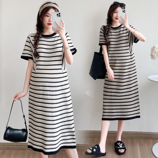 2024 pregnant women summer new dress round neck striped fashion maternity dress western style pregnant women long nursing T-shirt