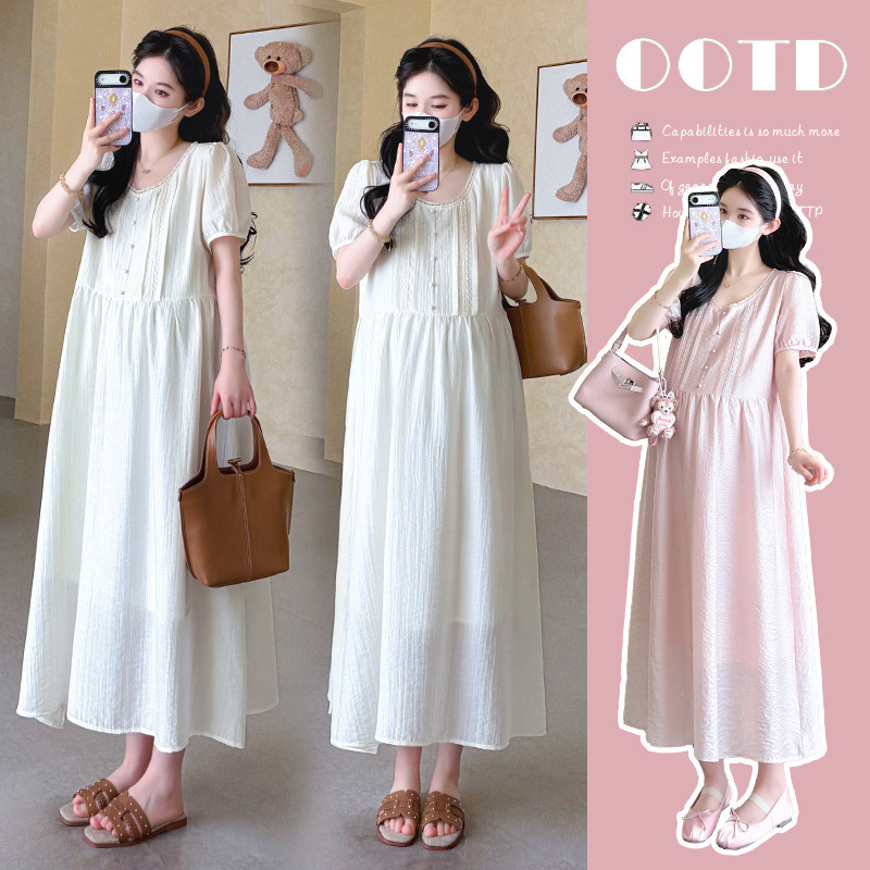 Real Shot of 2026 Summer New Arrivals: Simple Round-Neck Fashionable Long Short-Sleeve Maternity Dress