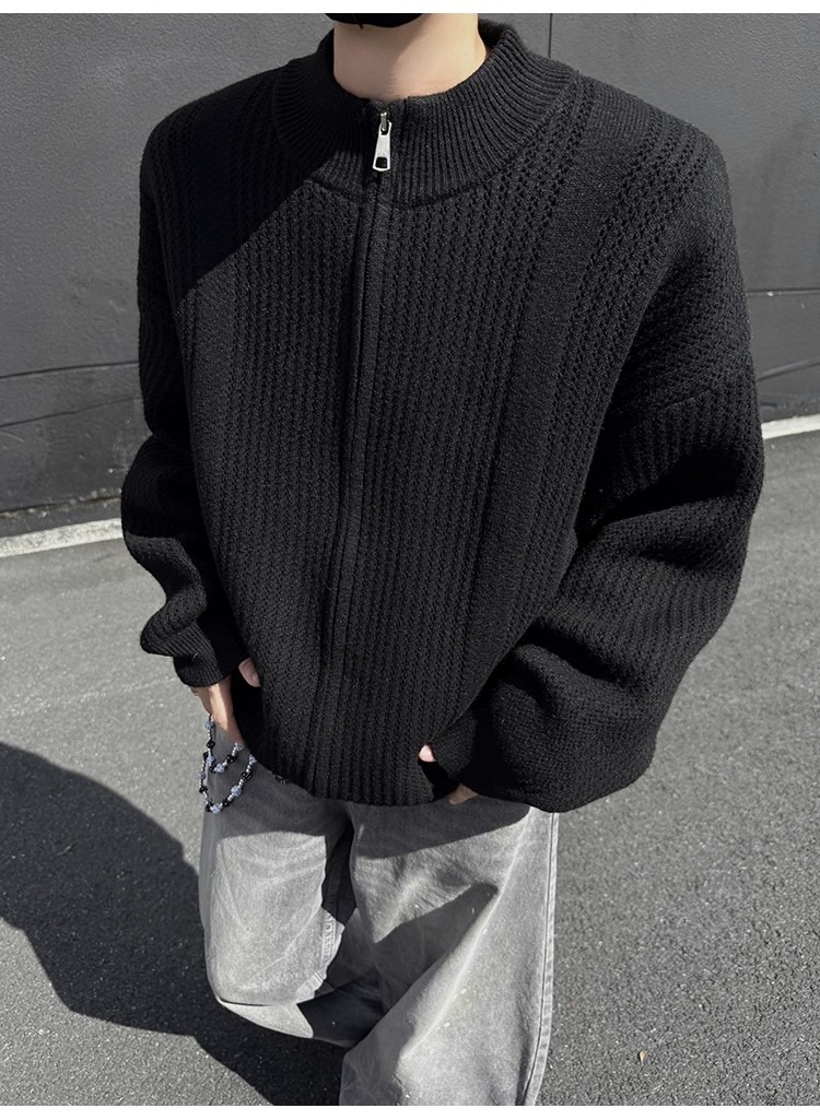 Men's Stand Collar Knit Cardigan Oversized Pullover Sweater_voghion.com