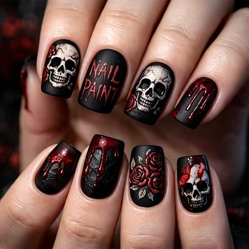 Halloween Wearable Nails Medium Square Skull Rose Bloodstain Reusable Fake Nail Stickers Halloween Wearable Nails Medium Square Skull Rose Bloodstain Reusable Fake Nail Stickers