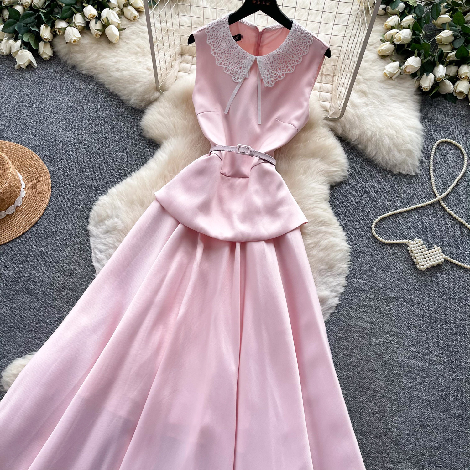 Elegant High-Waisted A-Line Dress Red Lace Peter Pan Collar Summer Commute Suitable Women's Clothing_ecoleips.com