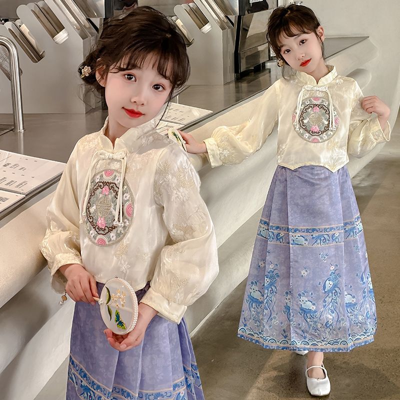 Girl's Horse Face Dress suit Spring and Autumn Chinese Style Hanfu Fashionable Children's Girl's New Chinese National Costume Two-Piece Set