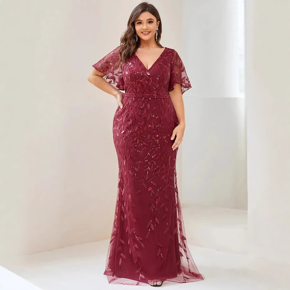 European and American Foreign Trade New Style V-Neck Plus-Size Embroidered Fashion Evening Dress, Elegant and Slimming Gown for Banquets