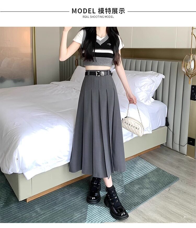 Chân váy vest nữ cạp cao dáng chữ A xếp ly dài vừa — Màu xám, Màu đen chi tiết 9
