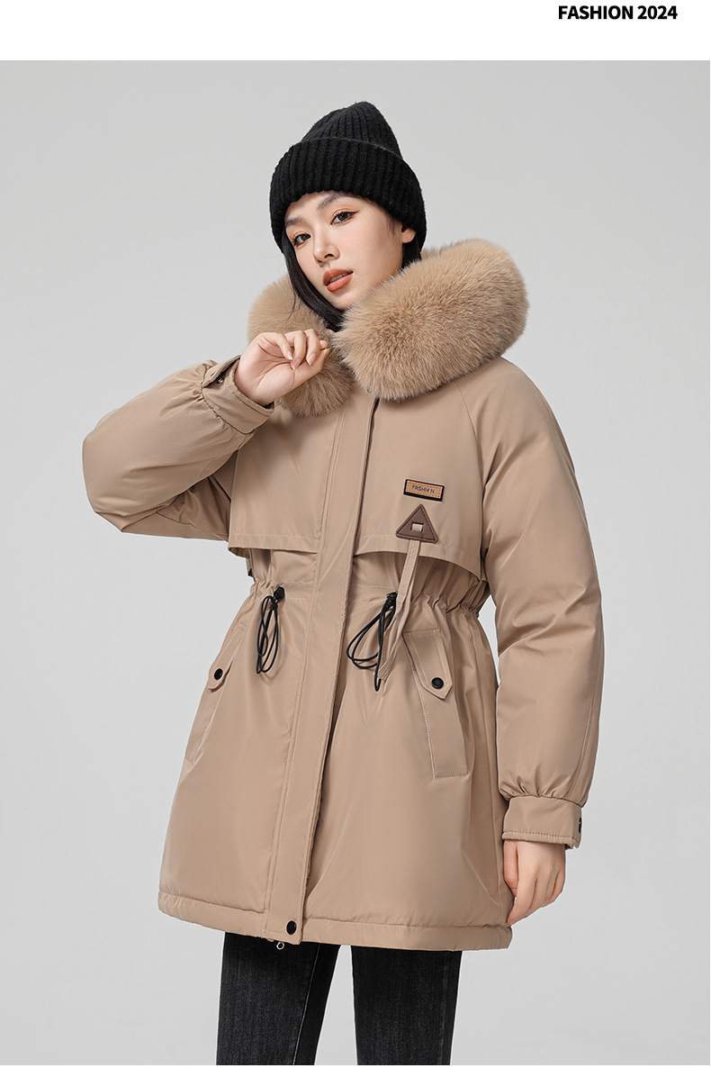2024 foreign trade overcomes women's winter new Korean version waist cinching slimming hooded big fur collar cotton_voghion.com