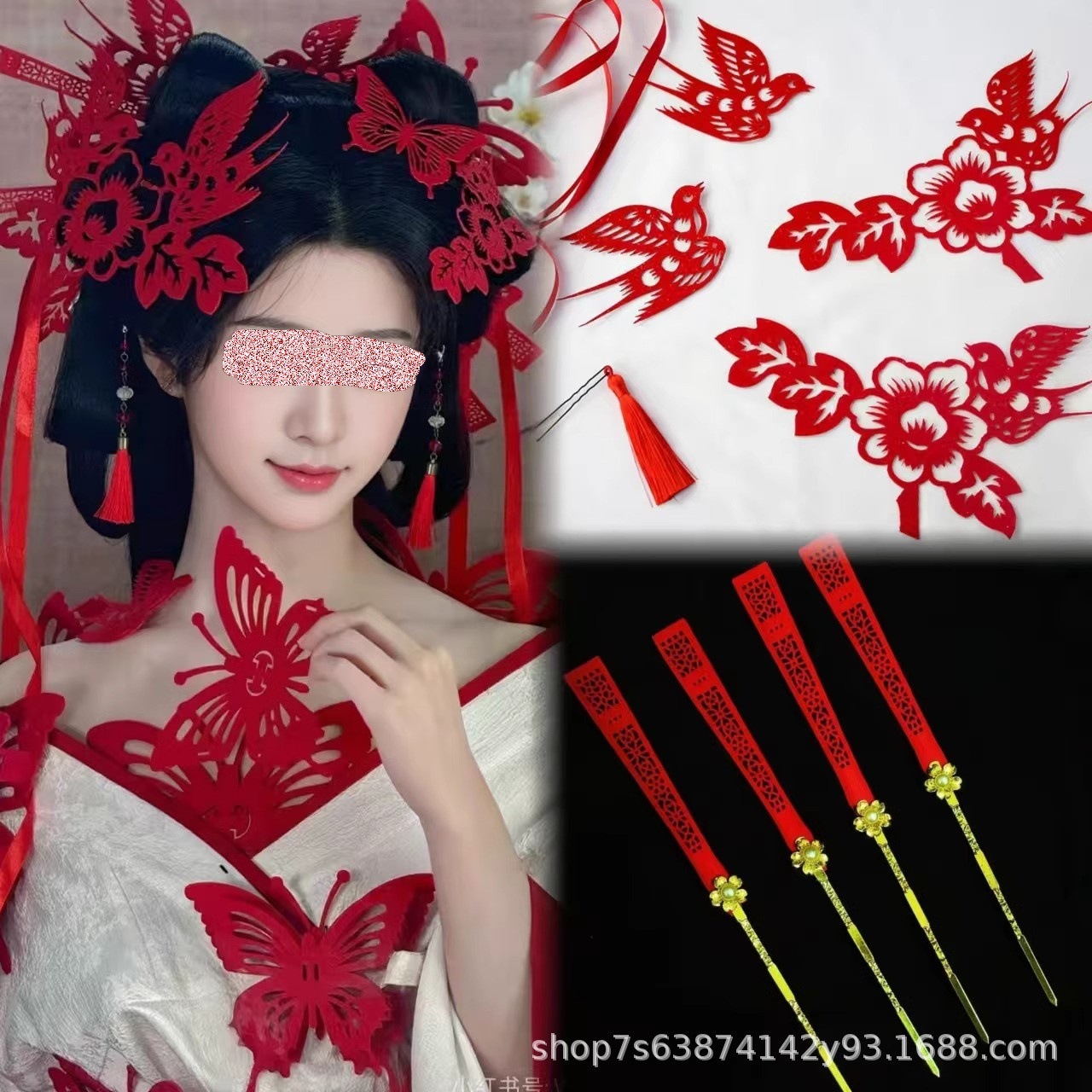 国风剪纸头饰中式红色喜字发饰发簪喜鹊新年订婚配饰九天玄女发饰