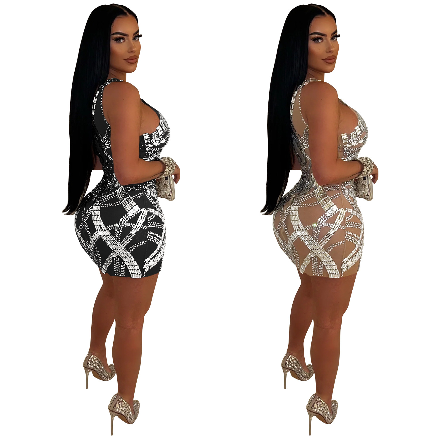 C6898 Cross-border AliExpress Amazon Vestido de falda corta de diamantes calientes de malla de color sólido para mujer de moda europea y americana image 6