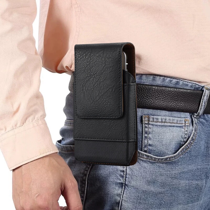 Neutral for Iphone17 Nylon Oxford Cloth Splicing Belt Universal Waist Bag Card Slot Vertical Bag Mobile Phone Leather Case