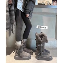 东北雪地靴女冬季新款皮扣骑士靴加绒加厚棉鞋羊皮毛一体毛长筒靴