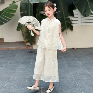 Girls' Chinese-Style Sleeveless Summer Outfit New Embroidered New Chinese-Style Improved Cheongsam Wide-Leg Pants Two-Piece Set
