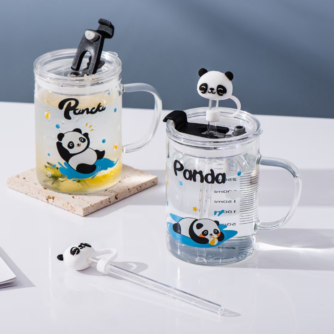 Creativo Panda de la historieta personalizada taza paja con tapa regalo escala vidrio Oficina simple beber