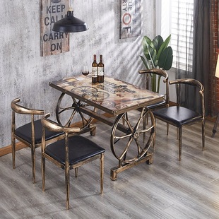 Retro Industrial Style Breakfast Noodle Restaurant Fast Food Table Commercial Catering Barbecue Snack Restaurant Milk Tea Shop Table and Chair Combination
