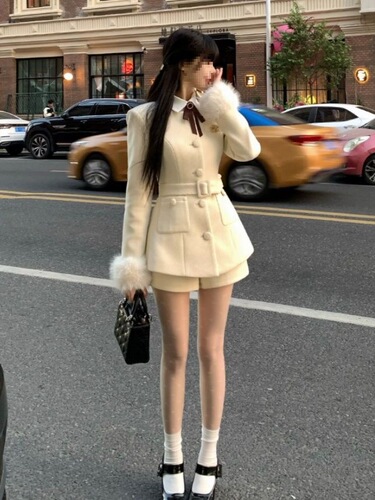 Fox Fur Inspired Snow Princess Women's Winter High-Waisted Short Shorts Set with Plush Coat