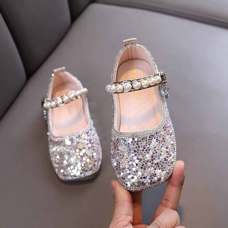 2025 Spring and Autumn New Lady Baby Girl Girl Princess Diamond Single Shoes Leather Shoes Dance Performance Shoes