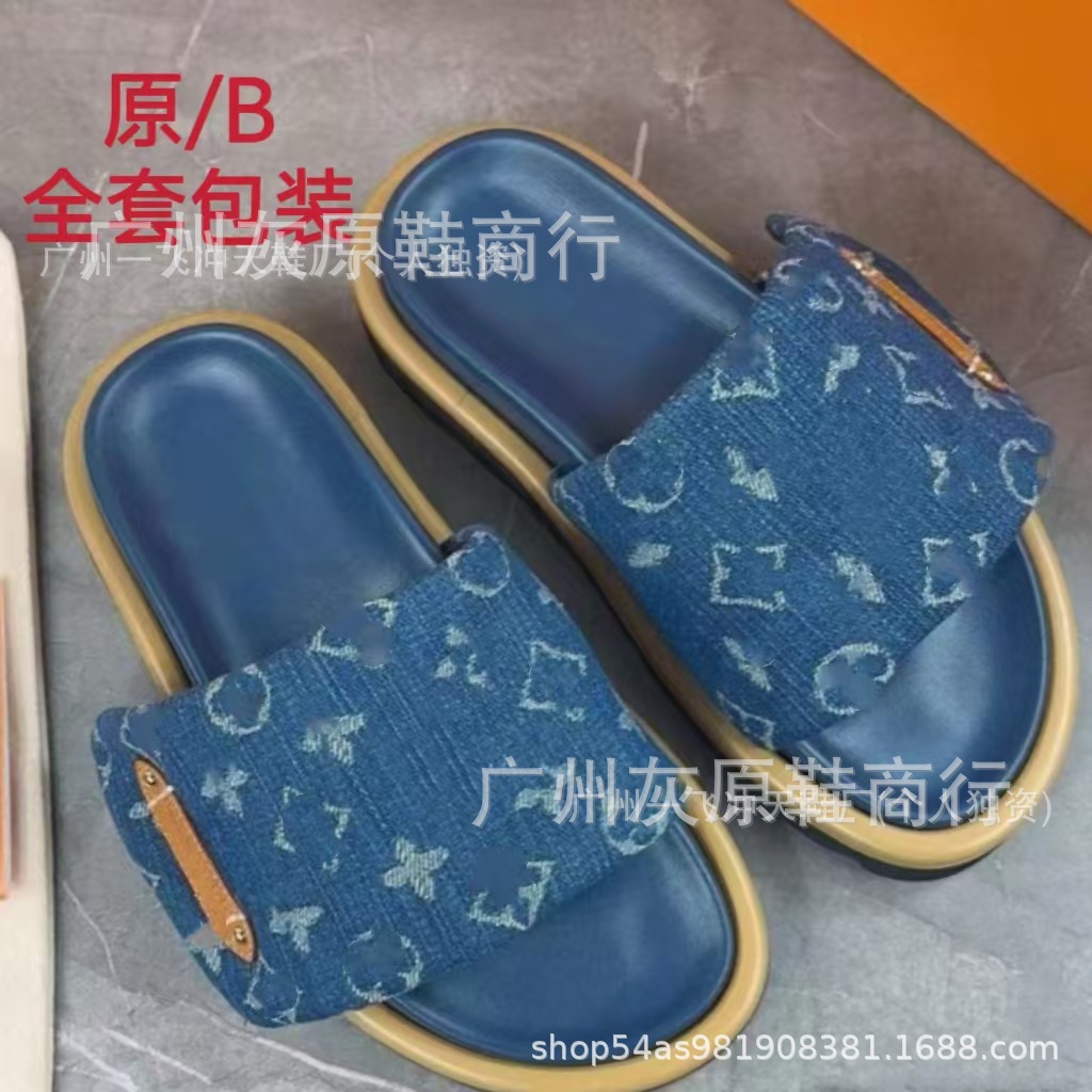 Burro casa zapatillas de velcro de suela gruesa mujer 2024 nuevo estilo exterior moda antideslizante mezclilla letras chanclas comercio exterior