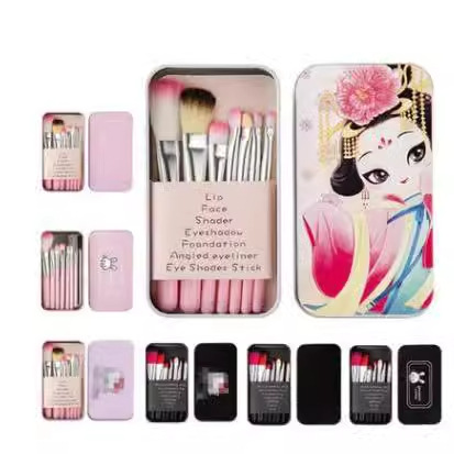 现货批发 迷你卡通7件套粉底刷 腮红眼影刷套装 铁盒美妆工具画笔