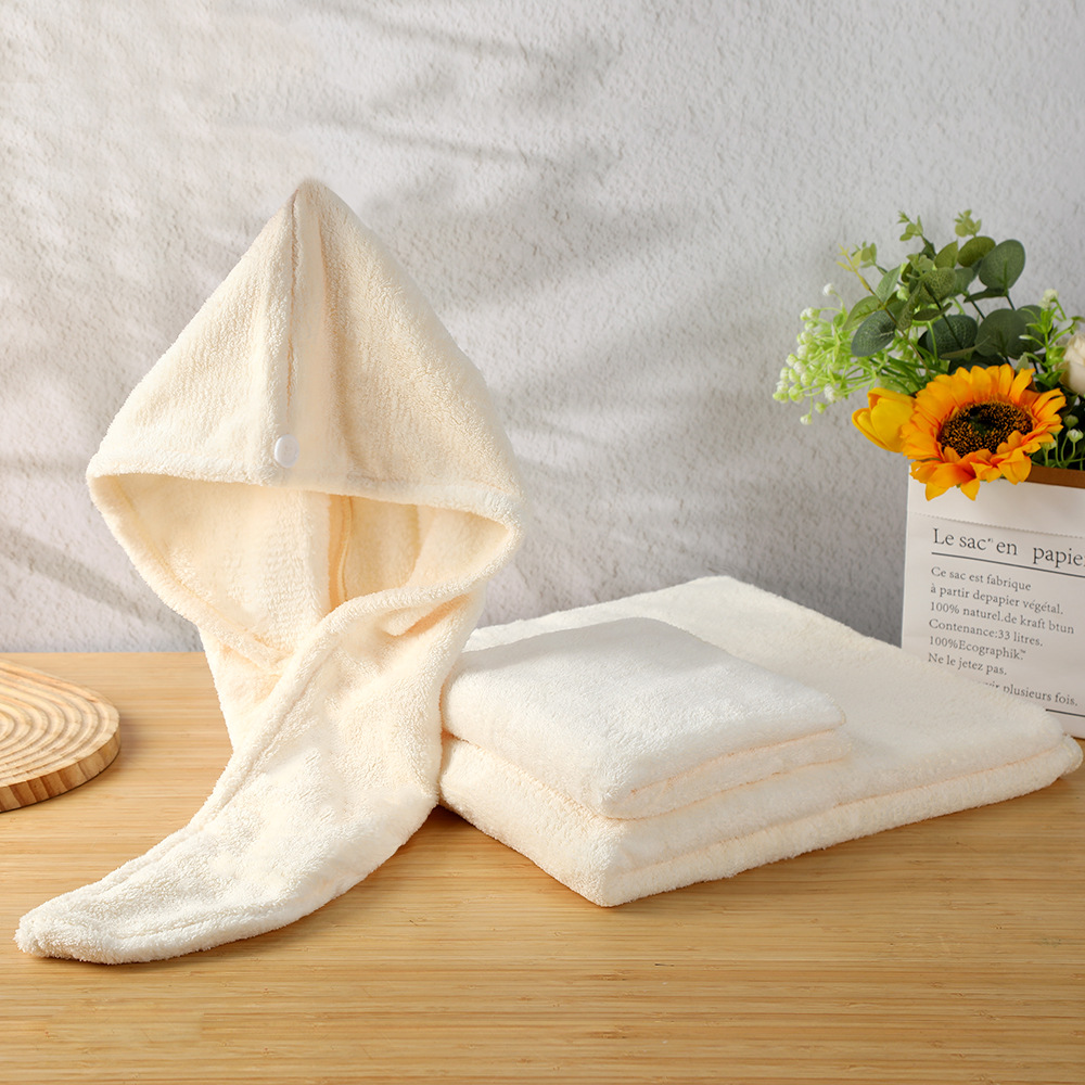 Venta al por mayor de terciopelo de coral de tres piezas, suave y agradable para la piel, cómodo y transpirable, gorro de pelo seco, juego de toallas de baño