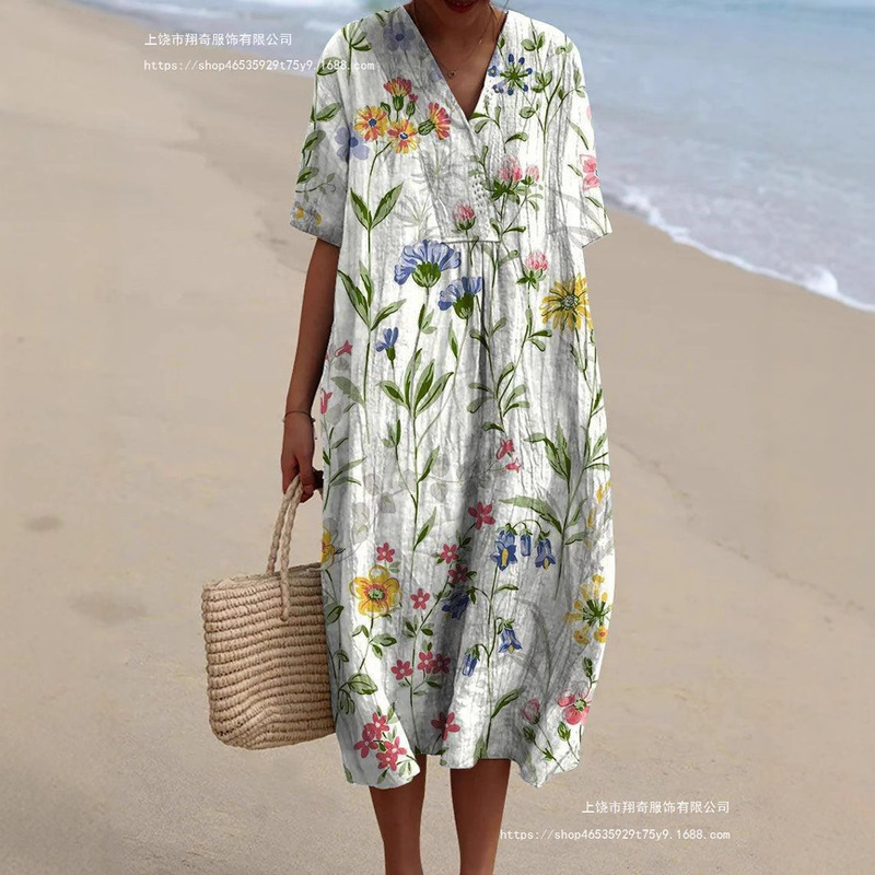 Cross-border Independent Station Amazon Shirt dress Women's Casual Floral 3D Printed Sleeve Long Dress