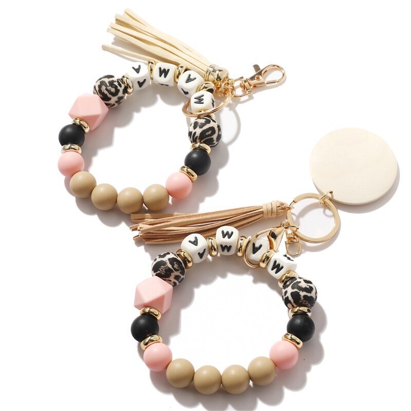 European and American Silicone Beads Wrist Band Keychain Leopard Beads Tassel Bracelet Silicone English Letter Bracelet Keychain