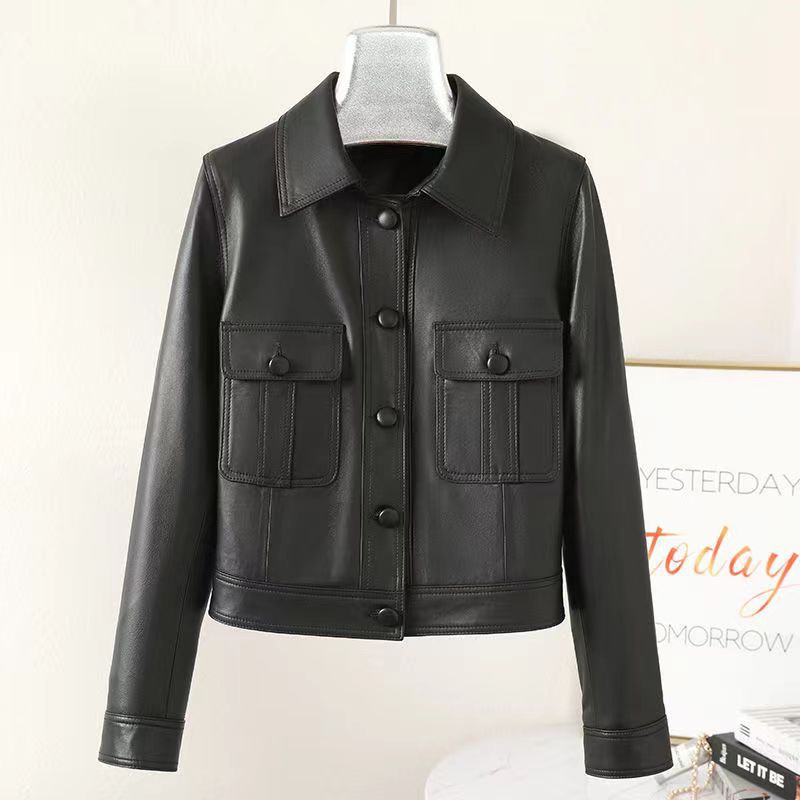 Leather women's 2022 autumn stitching short temperament commuter motorcycle leather jacket sticker bag 2209